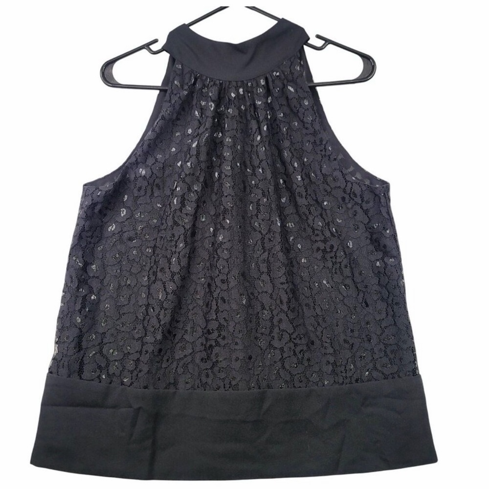 Ann Taylor Black Lace Halter Top with Bow and Button closure